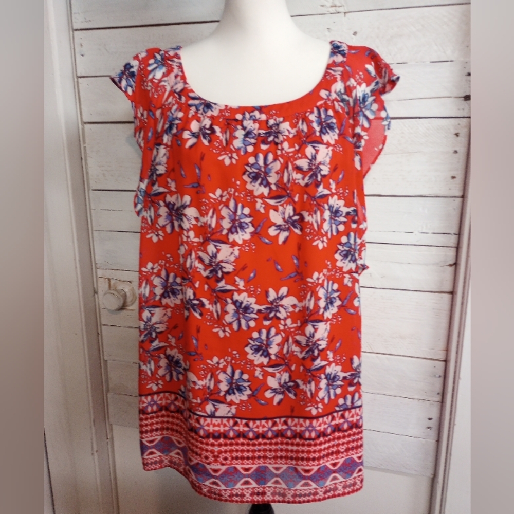 I.N. Studio Size 1X Sleeveless Blouse Red Floral Lined Cottagecore Boho